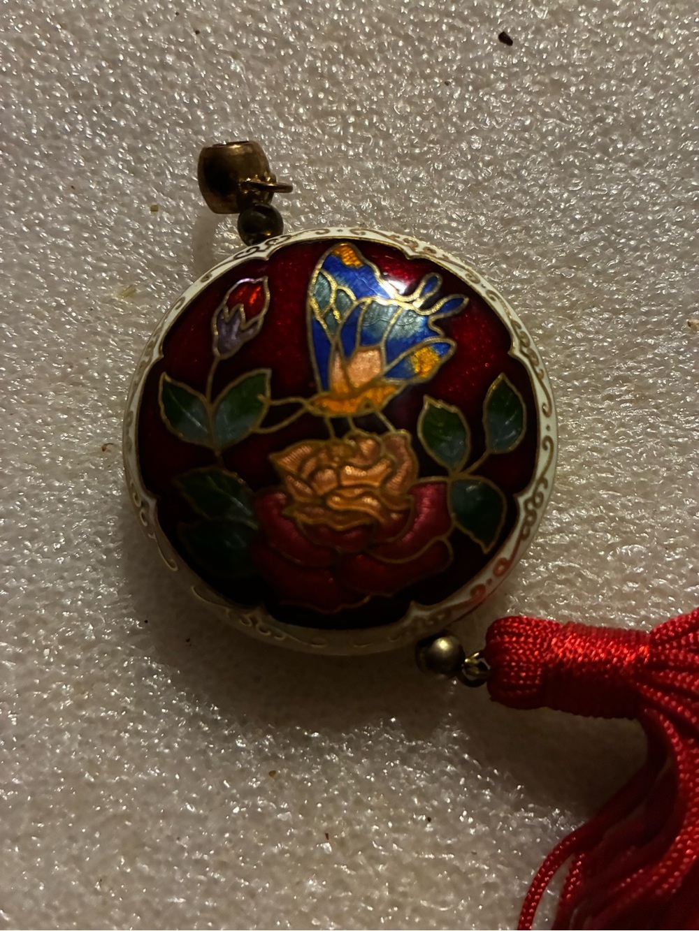 Red Cloisonné Butterfly and Rose Pendant Necklace